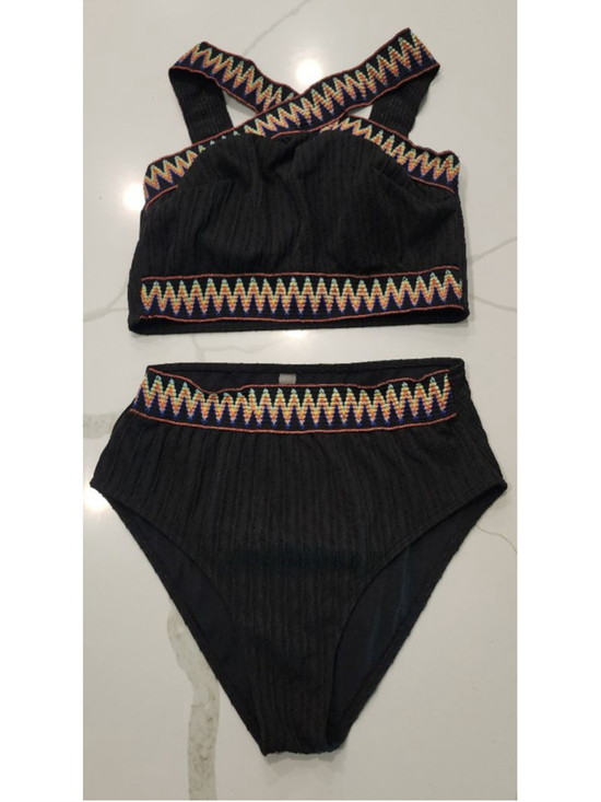 Unbranded Other - Black 1XL High Waisted Bikini Set Crisscross Straps Rainbow Embroidered Ribbed